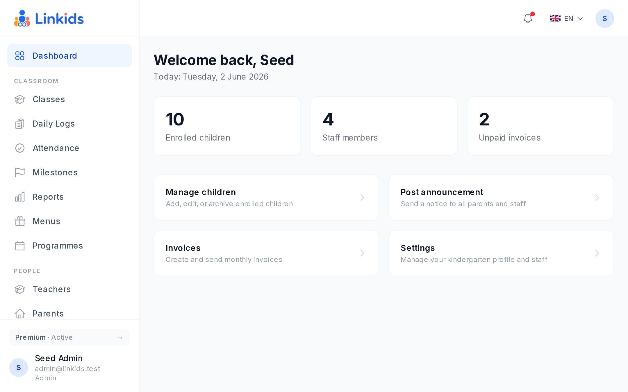 The Linkids dashboard